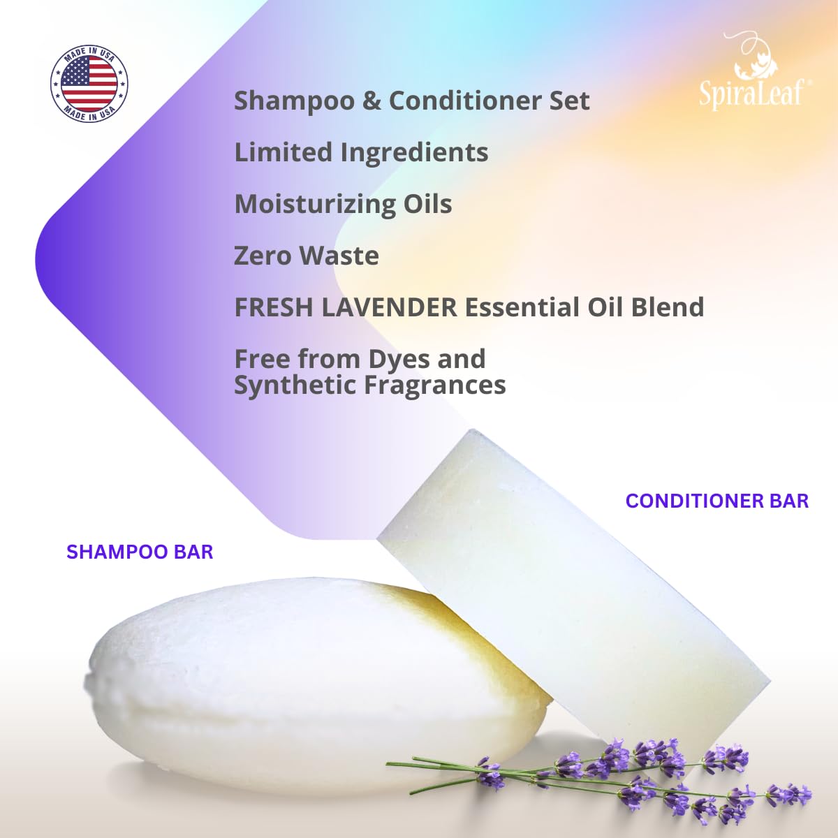 SPIRALEAF Solid Shampoo Bar & Conditioner Bar Set, FRESH LAVENDER Essential Oil Blend, Limited Ingredients, Concentrated Formula, Fragrance-Free Beauty & Personal Care Spiraleaf
