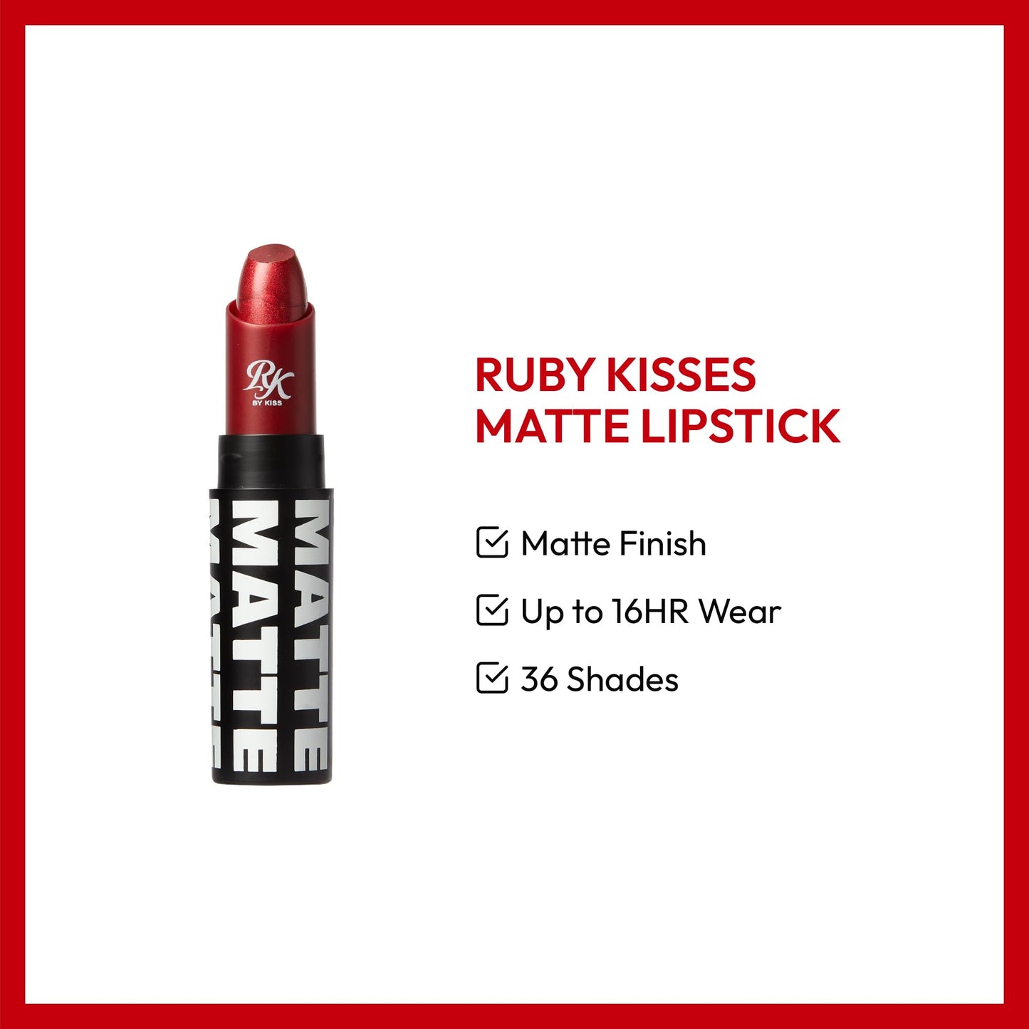 Ruby Kisses Lipstick, Matte Finish, Long-Lasting, Highly Pigmented, Smooth Apply, Full Coverage Lip Color Makeup (Metallic Red) Beauty & Personal Care Ruby Kisses