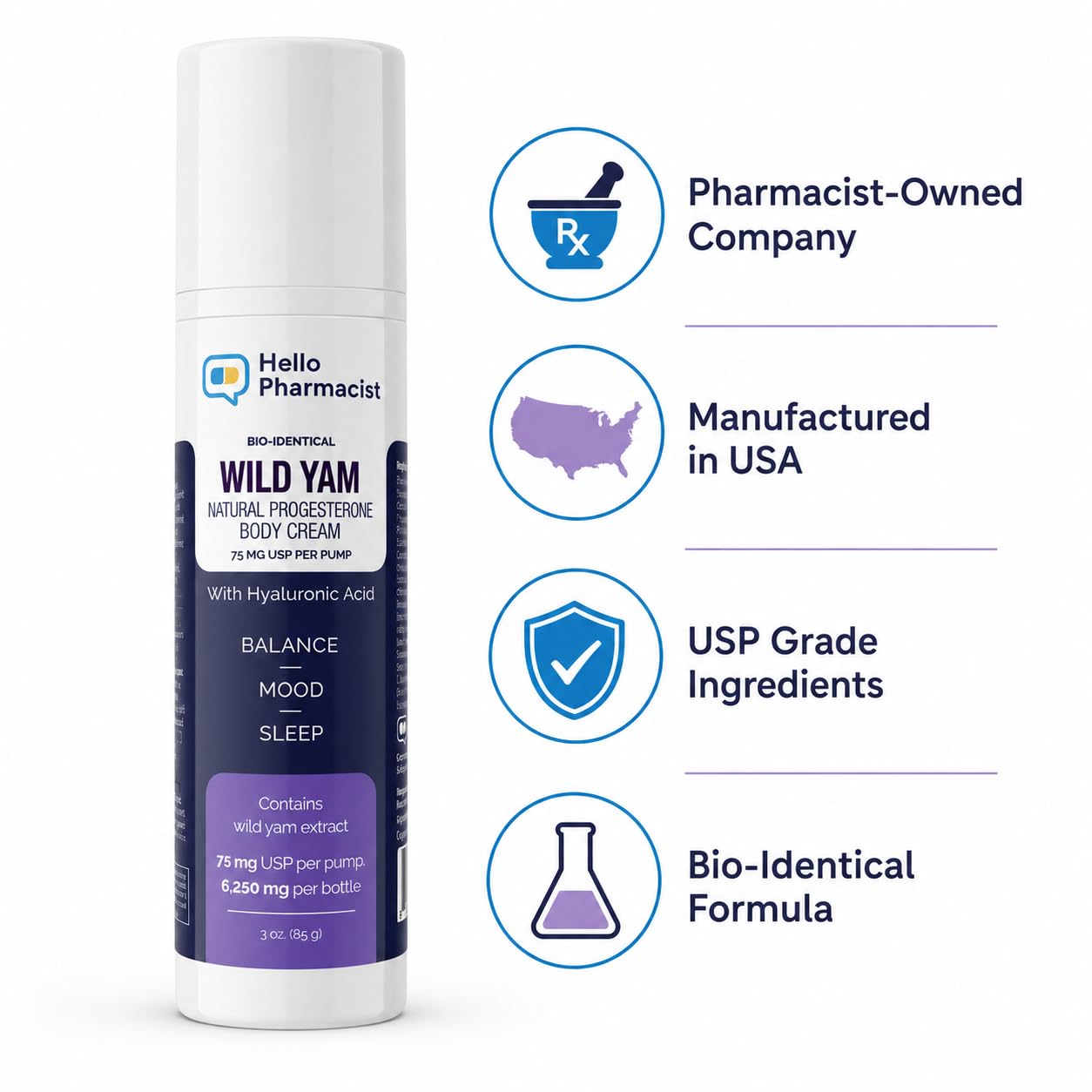 HelloPharmacist BioIdentical Progesto Cream 75mg MAX - Hormone Balancing Skin Moisturizer with Hyaluronic Acid, Plant-Based, Non-GMO, Gluten-Free Beauty & Personal Care HelloPharmacist