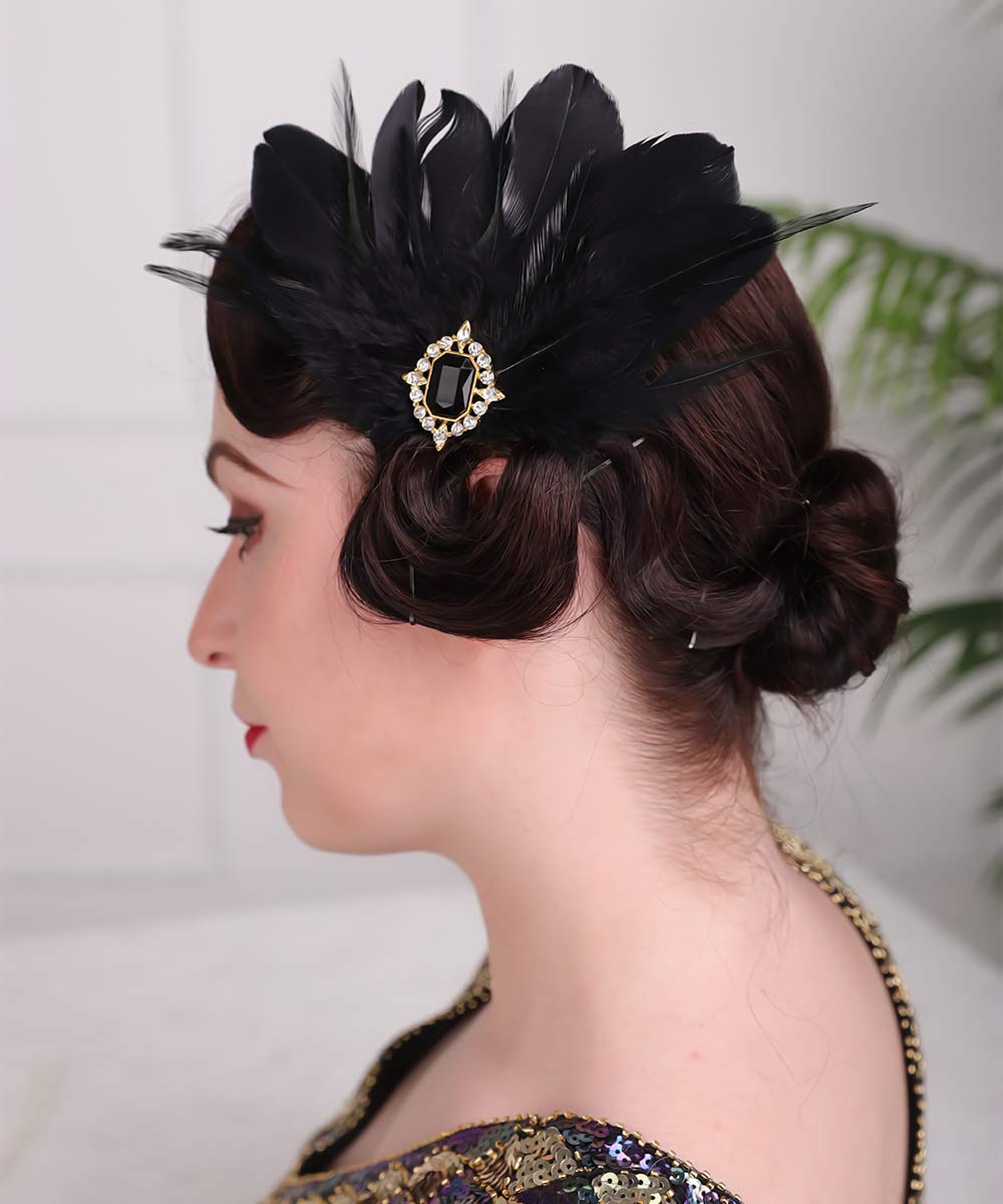 Aimimier 1920s Flapper Black Feather Headpiece Crystal Roaring 20s Feather Hair Clip Masquerade Hair Accessory for Women Beauty & Personal Care Aimimier
