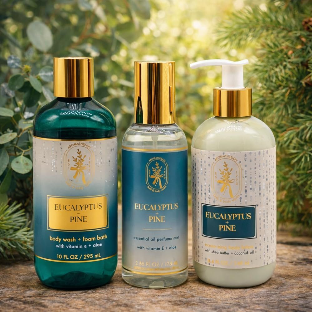 Bath & Body Works EUCALYPTUS PINE Essential Oil Mist, Body Wash & Foam Bath, and Moisturizing Body Lotion 3pc Gift Set with w/ 30-Inch Christmas Pine Beauty and Personal Care Bath & Body Works