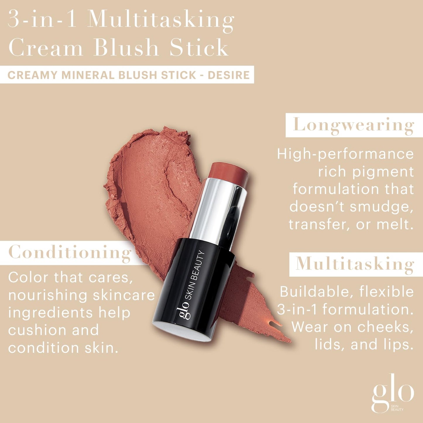 Glo Skin Beauty Cream Blush Stick (Desire) | 3-in-1 Multitasking Long-Wear Cheek, Lips + Lids Stick | Packed with Skincare Benefits Beauty & Personal Care Glo Skin Beauty