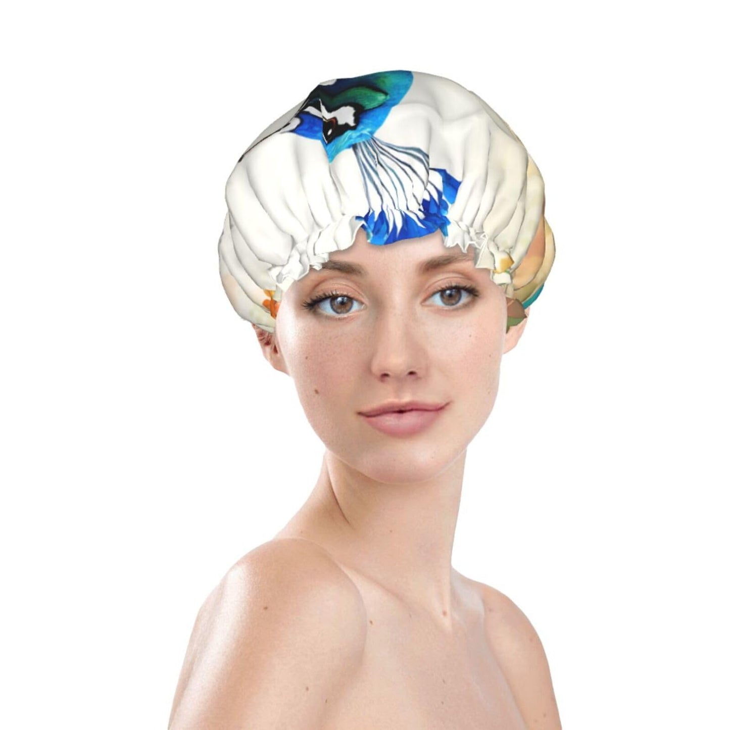 Cartoon Blue Peacock Shower Cap For Women Reusable Double Layers Bathing Bath Cap Hair Caps Waterproof Elastic Band Ladies Spa Salon Shower Hat Hair Beauty and Personal Care GDSHJKLW