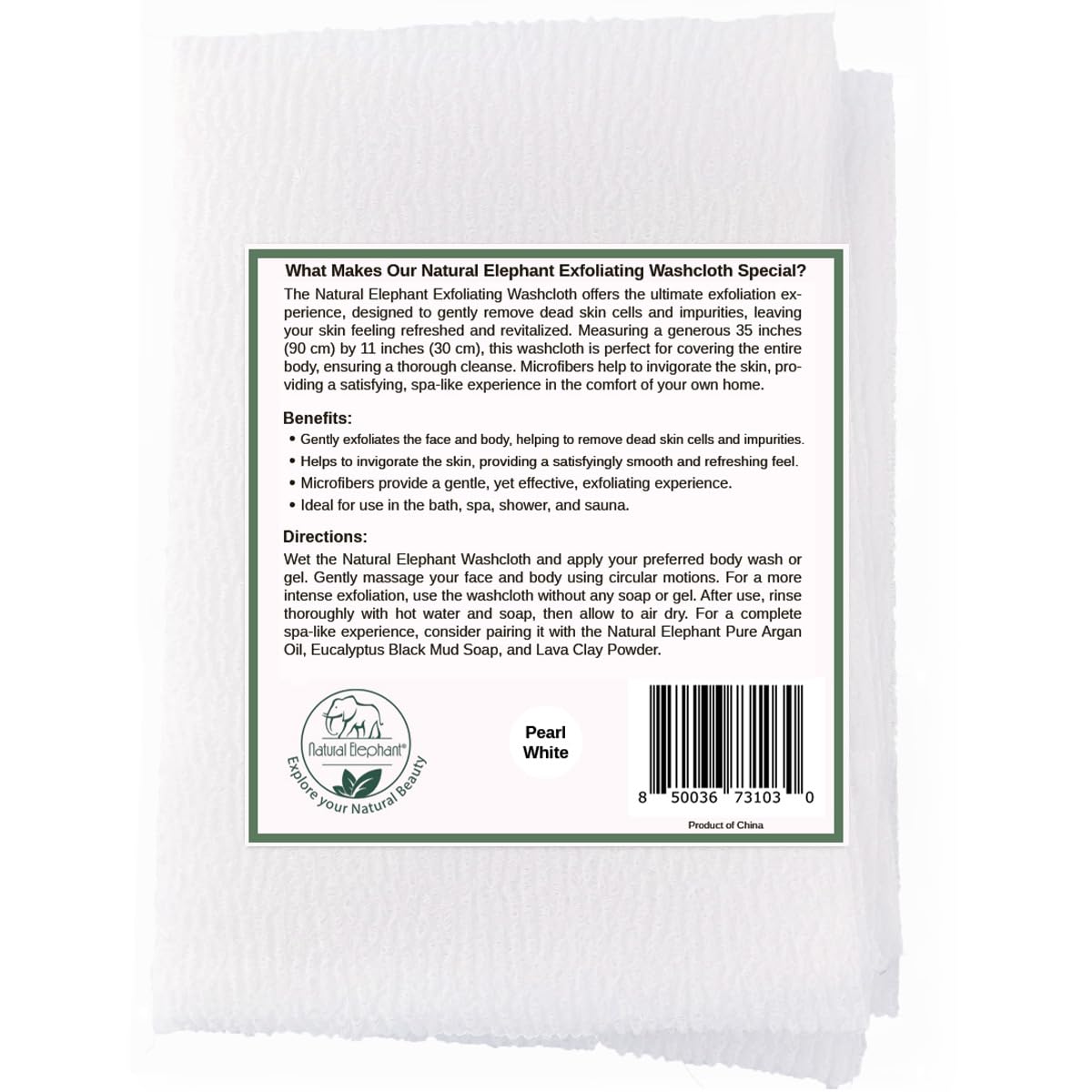 Natural Elephant Exfoliating Washcloth - Pearl White Japanese Shower Scrubber for Body - Single Washcloth for Gentle Skin Exfoliation Beauty and Personal Care Natural Elephant