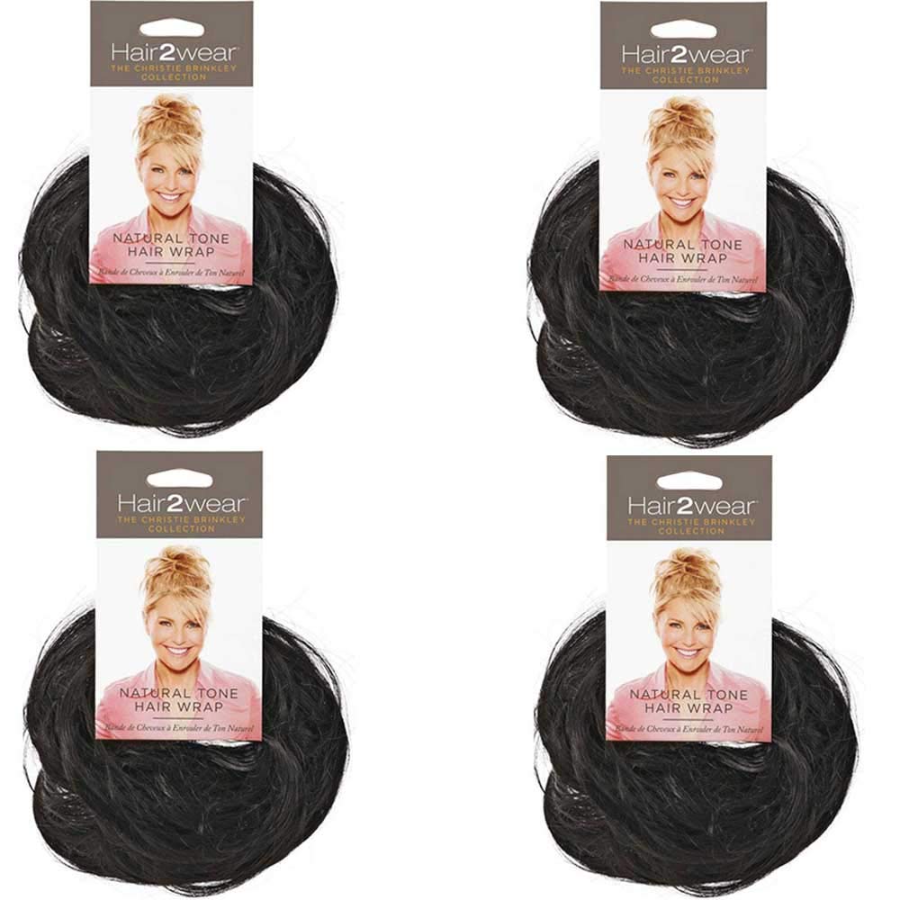 Hair2wear Natural Tone Hair Wrap HT2 Black (4 Pack) - 6" Overall Length Women Scrunchie Christie Brinkley Synthetic Straight Curly Piece Band Fun Bun