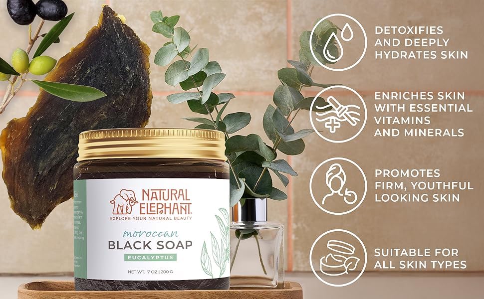 Natural Elephant Moroccan Black Soap With Eucalyptus Essential Oil 1kg (2.2 lbs) Bulk Size Beauty & Personal Care Natural Elephant