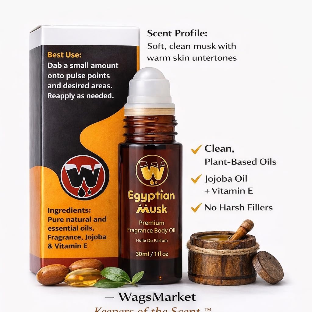 WagsMarket Egyptian Musk Oil, Choose from Roll On to 0.33oz - 4oz Glass Bottle, (1oz Roll On) Beauty & Personal Care WagsMarket