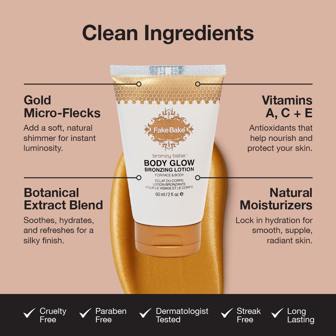 Fake Bake Bronzy Babe Body Glow Face & Body Tinted Moisturizer Lotion, Highlighter, Makeup & Moisturizing Skincare Healthy Color Boost from Plants Beauty & Personal Care Fake Bake