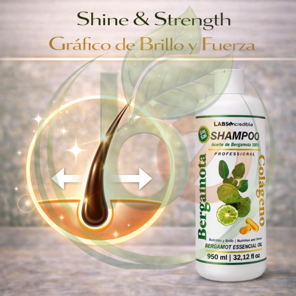 Bergamot + Collagen Shampoo - 950 ml - Salt-Free - Deep Cleansing & Frizz Control - Moisturizes, Conditions & Smooths - Professional Hair Care - Silky