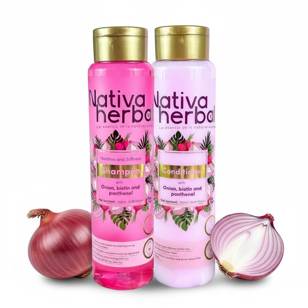 Nativa Herbal Onion shampoo and conditioner set with biotin and panthenol, natural growth formula, anti-frizz strengthening duo for thicker, stronger Beauty & Personal Care Nativa herbal
