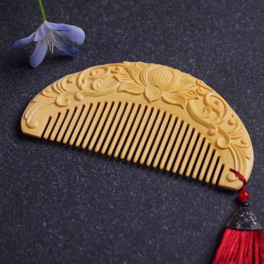Boxwood Carving Hibiscus Flowers Pattern Hair Combs[Gift Box], Dense Tooth Wooden Comb, Anti-Static, Suited for a Valuable Gift for Women and Girls.