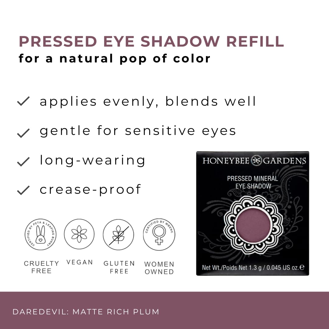 Honeybee Gardens Pressed Powder Eye Shadow Single REFILL, Daredevil, Matte Rich Plum, Long-Wearing, Creaseproof Mineral Color With Botanicals, NO