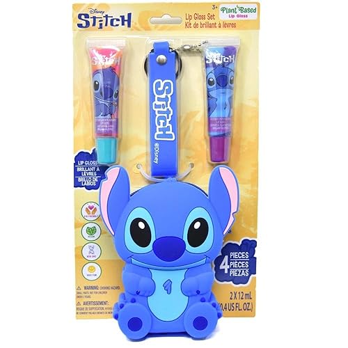 Disney Stitch Lip Gloss Set with Lanyard Keychain Bag, 4 Pieces, Cotton Candy and Watermelon Beauty & Personal Care Disney