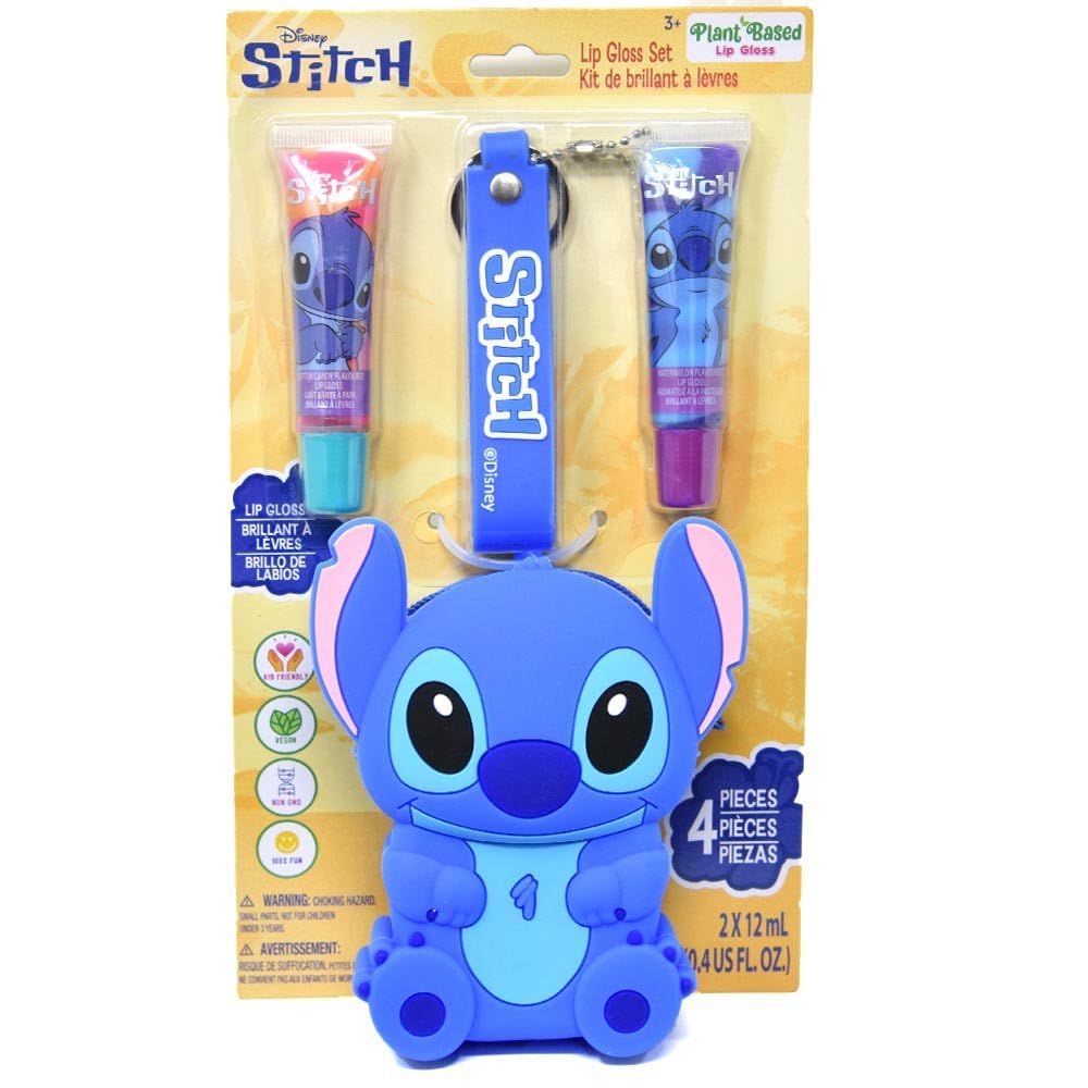 Disney Stitch Lip Gloss Set with Lanyard Keychain Bag, 4 Pieces, Cotton Candy and Watermelon Beauty & Personal Care Disney