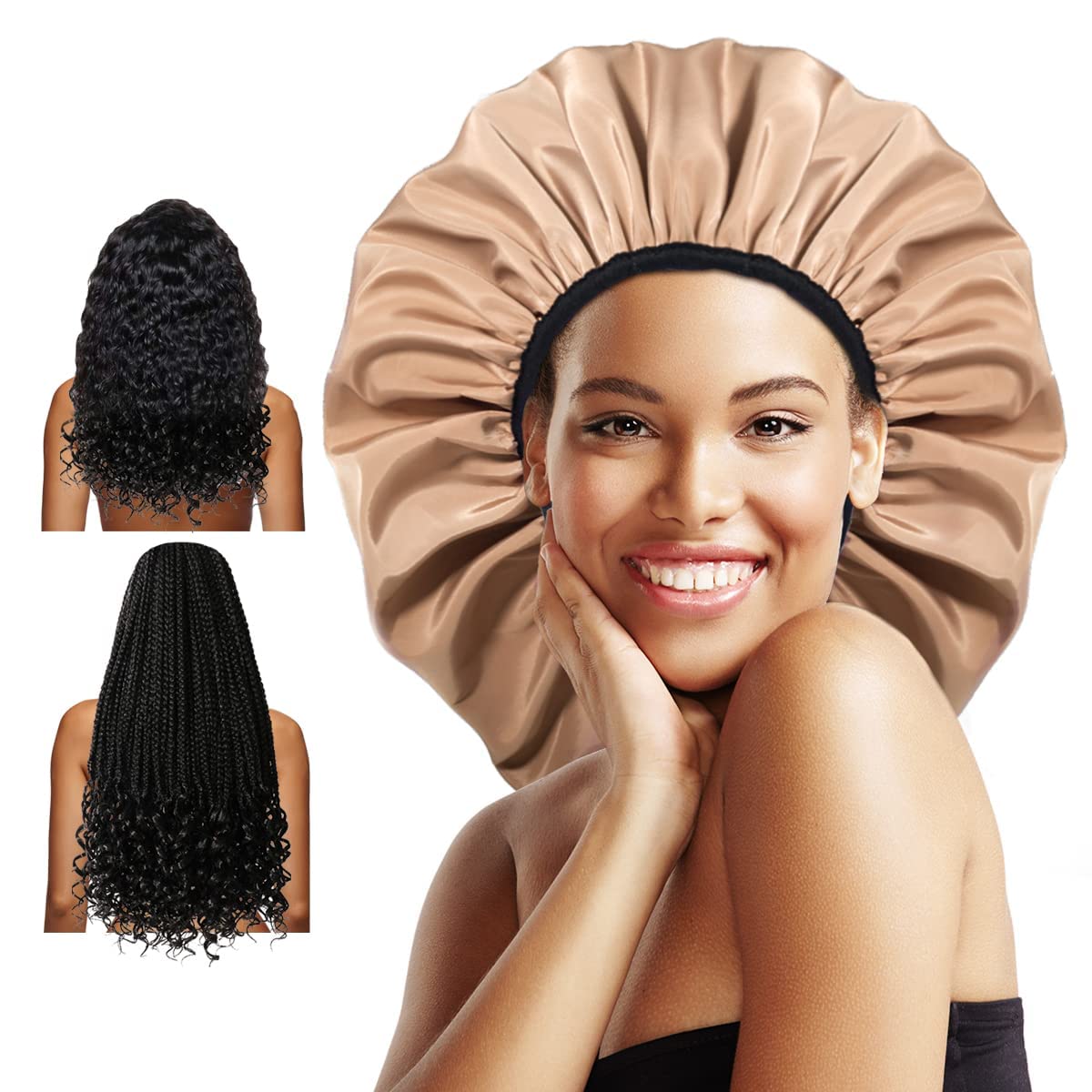 Auban Extra Large Shower Cap for Braids, Double-Layer Waterproof Reusable Satin Lining XL Shower Cap for Women Long Hair, Locs, perms (khaki) Beauty & Personal Care Auban