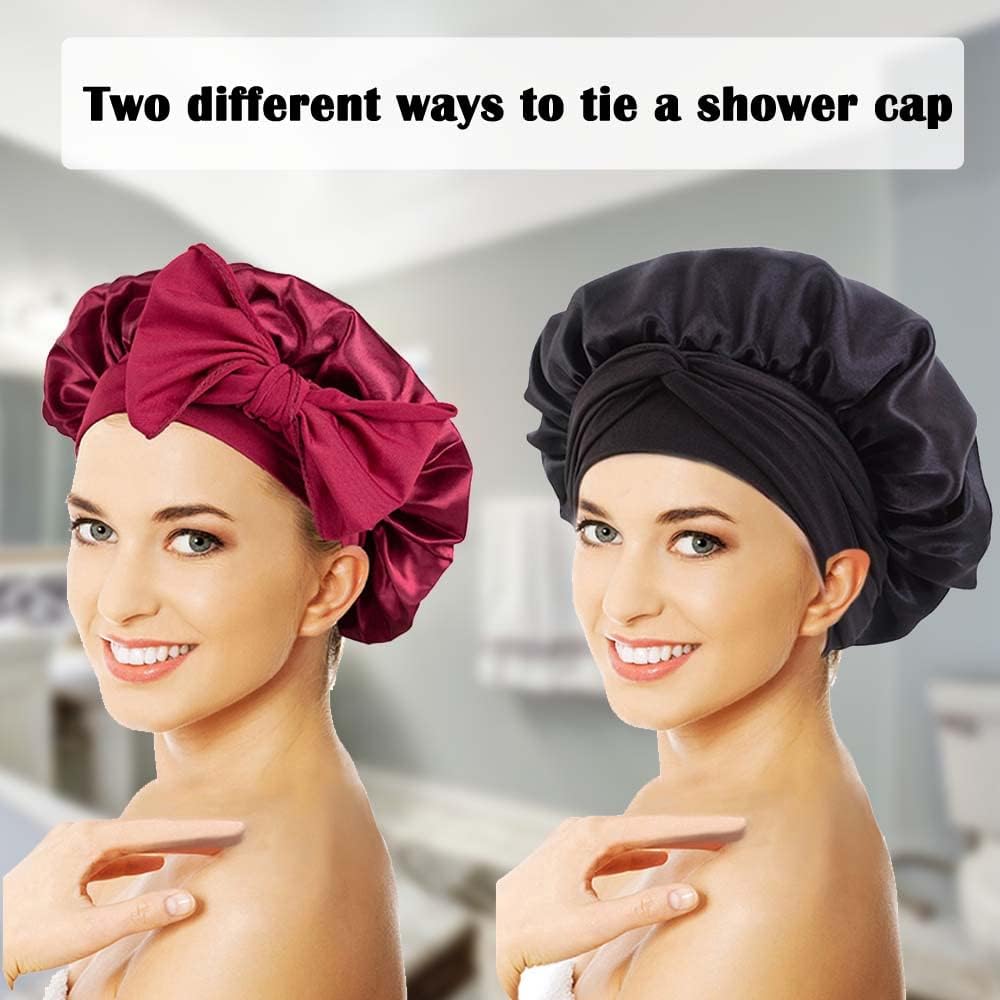 WUBAYI 2PCS Satin Sleep Cap, Silk Bonnet Hair Wrap for Sleeping, Hair Bonnet for Bath, Tie Band for Women Long Curly Braid Hair (Black, Red) Beauty & Personal Care WUBAYI