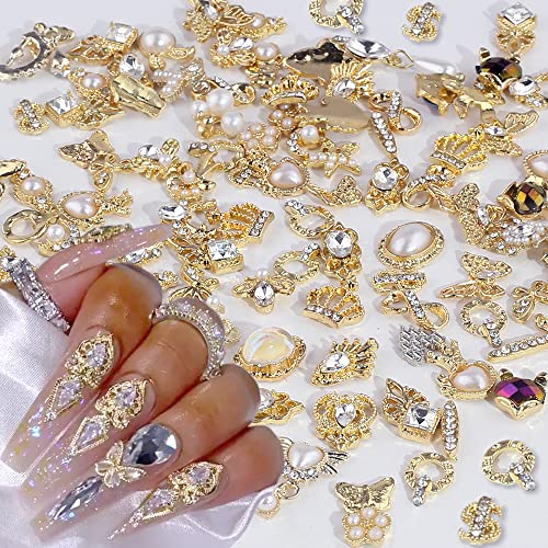 Dornail 50pcs Gold Nail Charms for Acrylic Nails, Mix Styles Shiny Pearl Alloy Nail Rhinestones Flower Butterfly Heart Star Charms for Nails Women Beauty & Personal Care Dornail