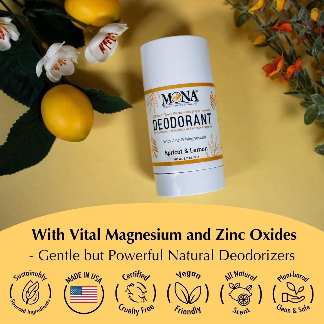 MONA All Natural Magnesium Deodorant for Women & Men - Baking Soda & Aluminum Free - (Apricot Lemon) 2.65oz Beauty and Personal Care MONA