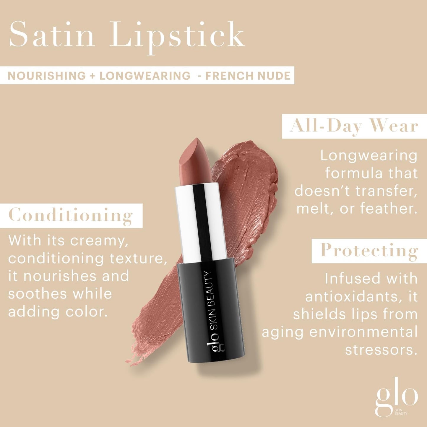 Glo Skin Beauty Satin Lipstick (French Nude) | Nourishing Longwearing Lip Stick Packed with Skincare Benefits Beauty & Personal Care Glo Skin Beauty