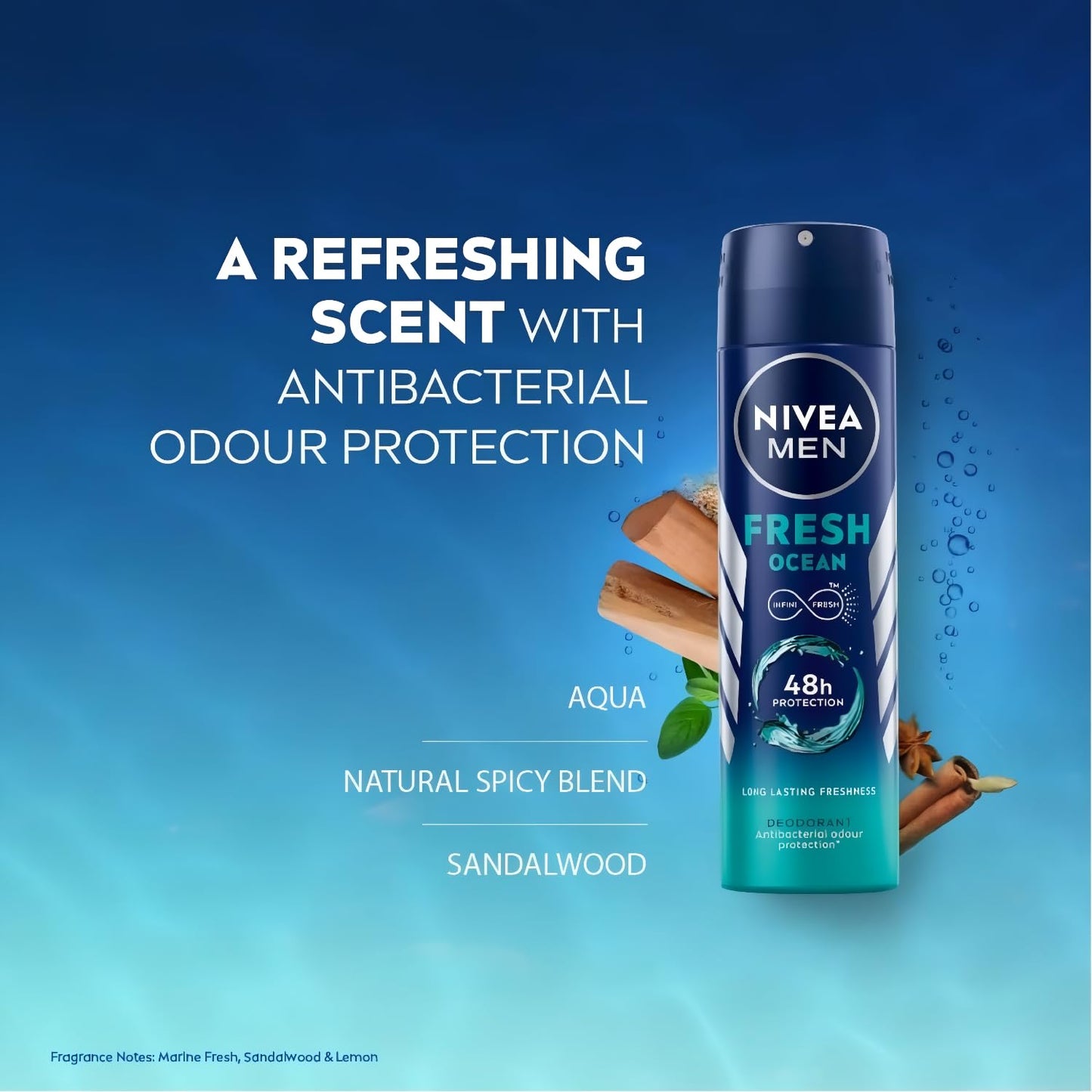 NIVEA MEN Fresh Ocean Deodorant Spray with Ocean Extracts, Long-Lasting Aqua Scent, Odor Protection & Skin Care, 150ml Body Spray for Men, Fresh Beauty and Personal Care NIVEA