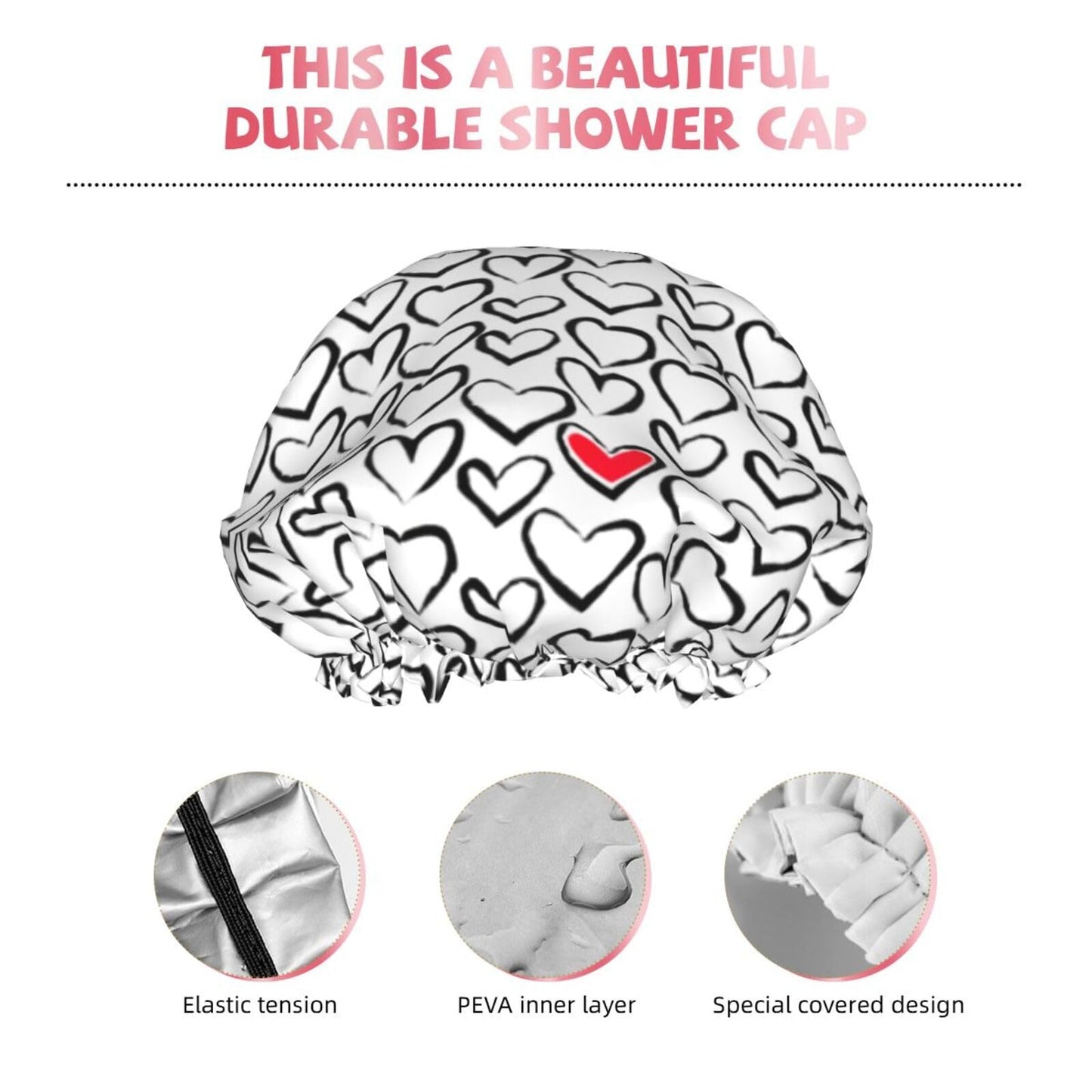 Love Hearts Shower Cap For Women Reusable Waterproof Double Layers Bath Cap Hair Protection Elastic Ladies Spa Salon Shower Hat Beauty and Personal Care YUZEKABZ