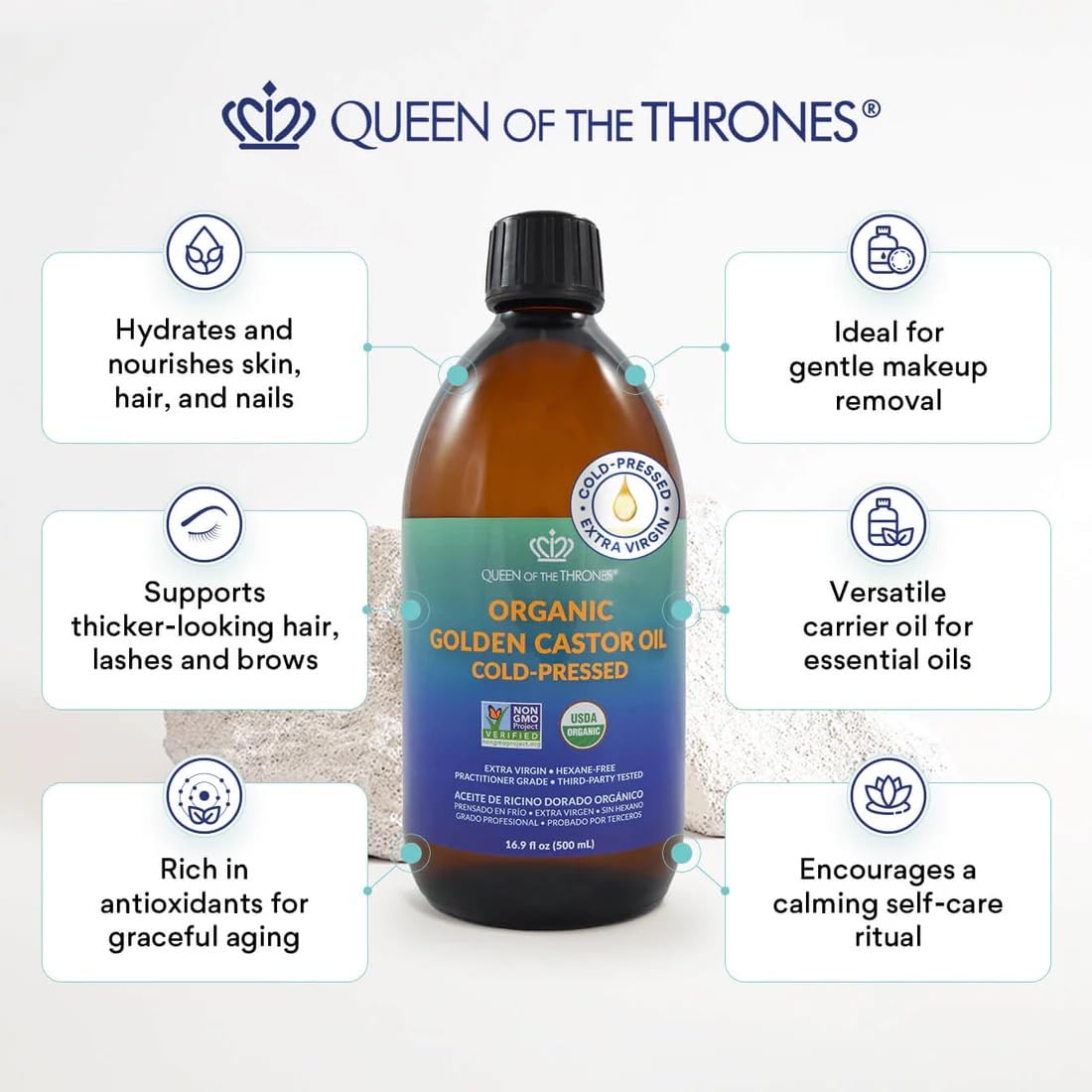 QUEEN OF THE THRONES Organic Golden Castor Oil | 100% Pure for Hair, Skin, Nails, Brows & Lashes | Hexane-Free | USDA Certified [16.9oz (500ml)] Beauty & Personal Care QUEEN OF THE THRONES