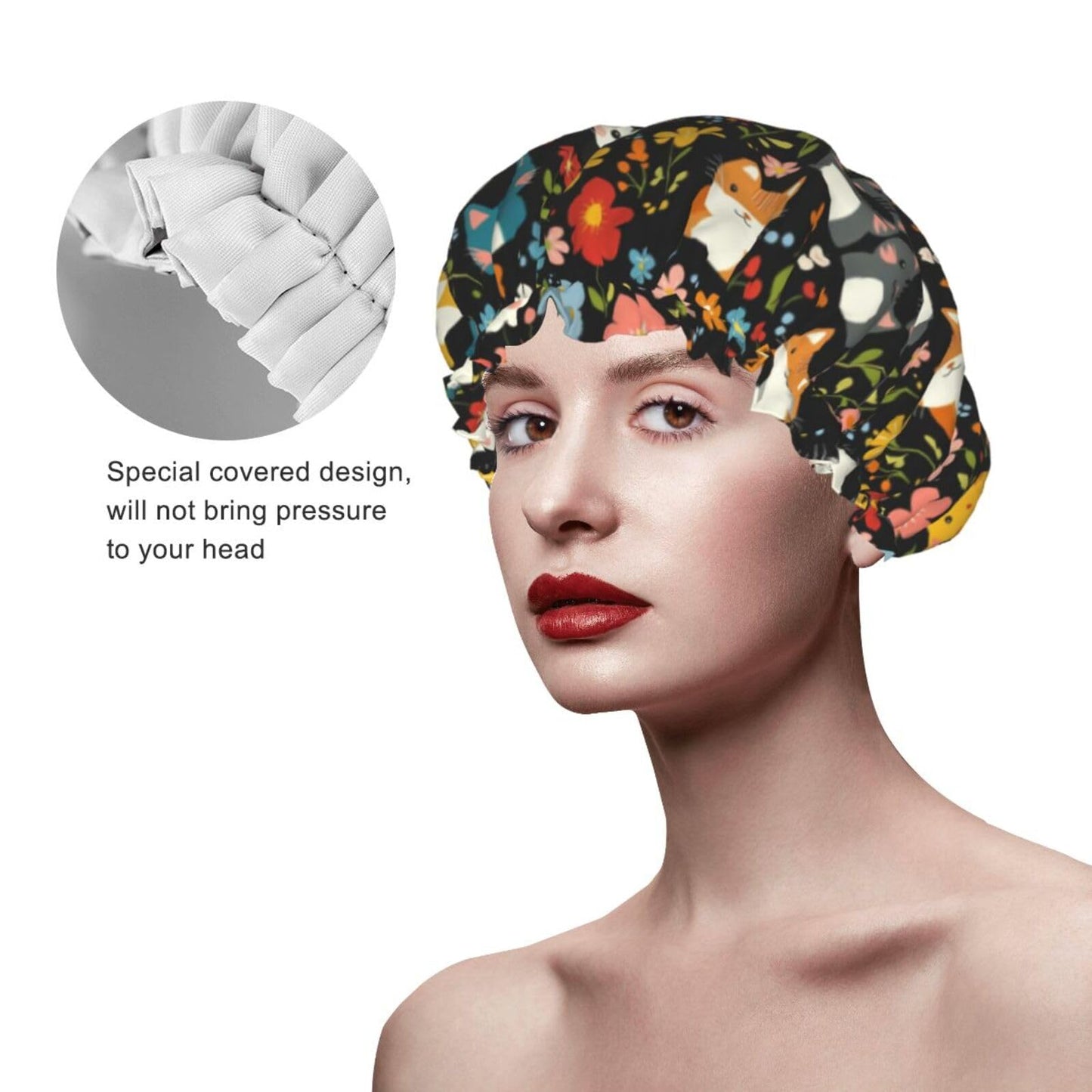 Bedbliss Cute Cats Print Shower Cap, Waterproof Reusable Bath Caps For Women Hair, Double Layers Elastic Shower Hat Hair Protection Beauty and Personal Care Bedbliss