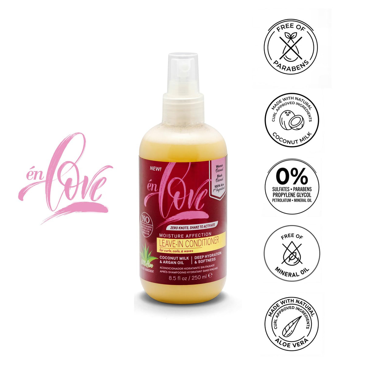 én Love Moisture Leave-In Conditioner, 8.5 oz | Aloe Vera First + Coconut Milk | Instant Slip for Curly & Coily Hair | Anti-Breakage, Detangles Knots,