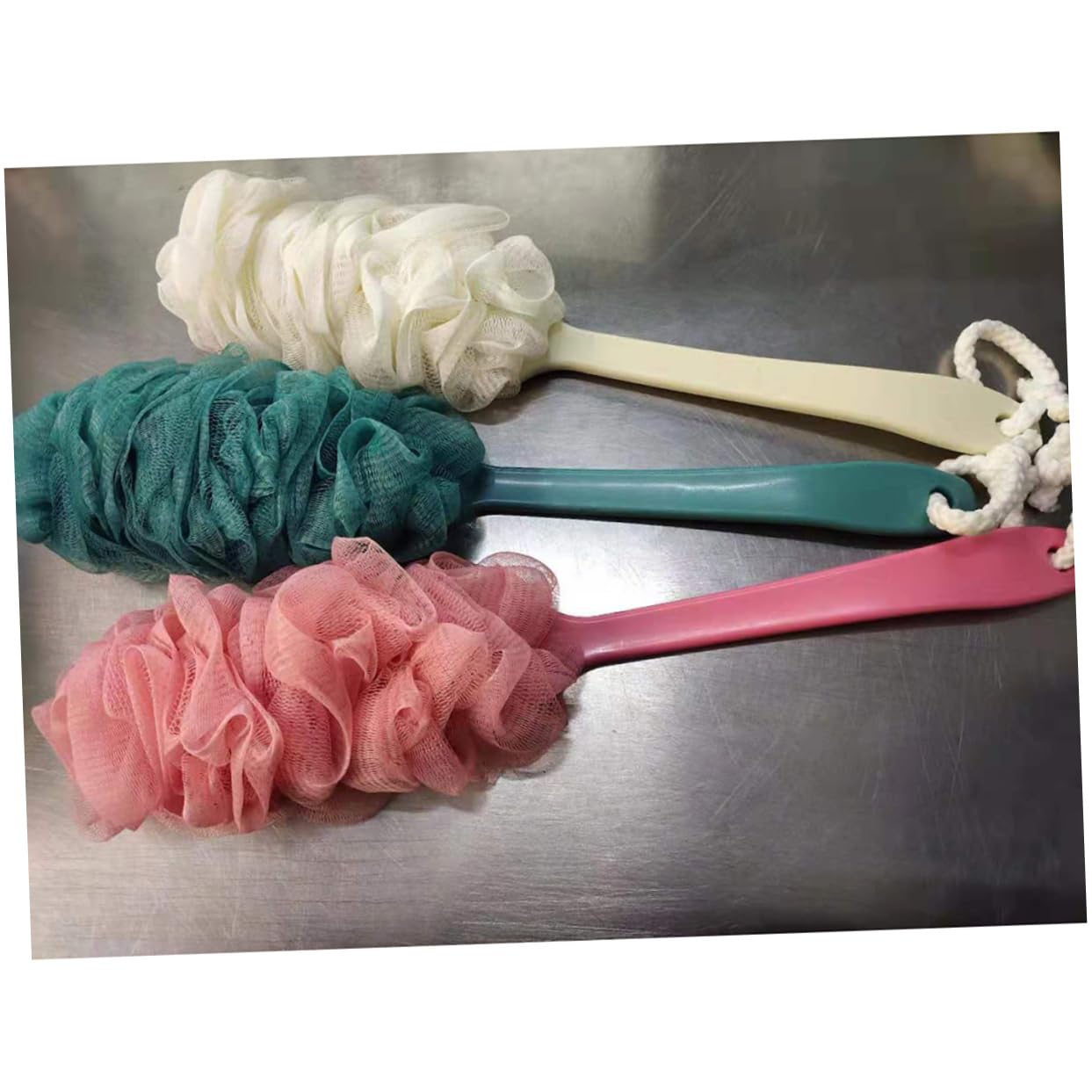 PartyKindom 3pc Long Handle Bath Flower Scrubber Shower Brush Body Brush Exfoliating Bath Sponge Handle Soft Lathering for Gentle Cleaning Beauty and Personal Care PartyKindom