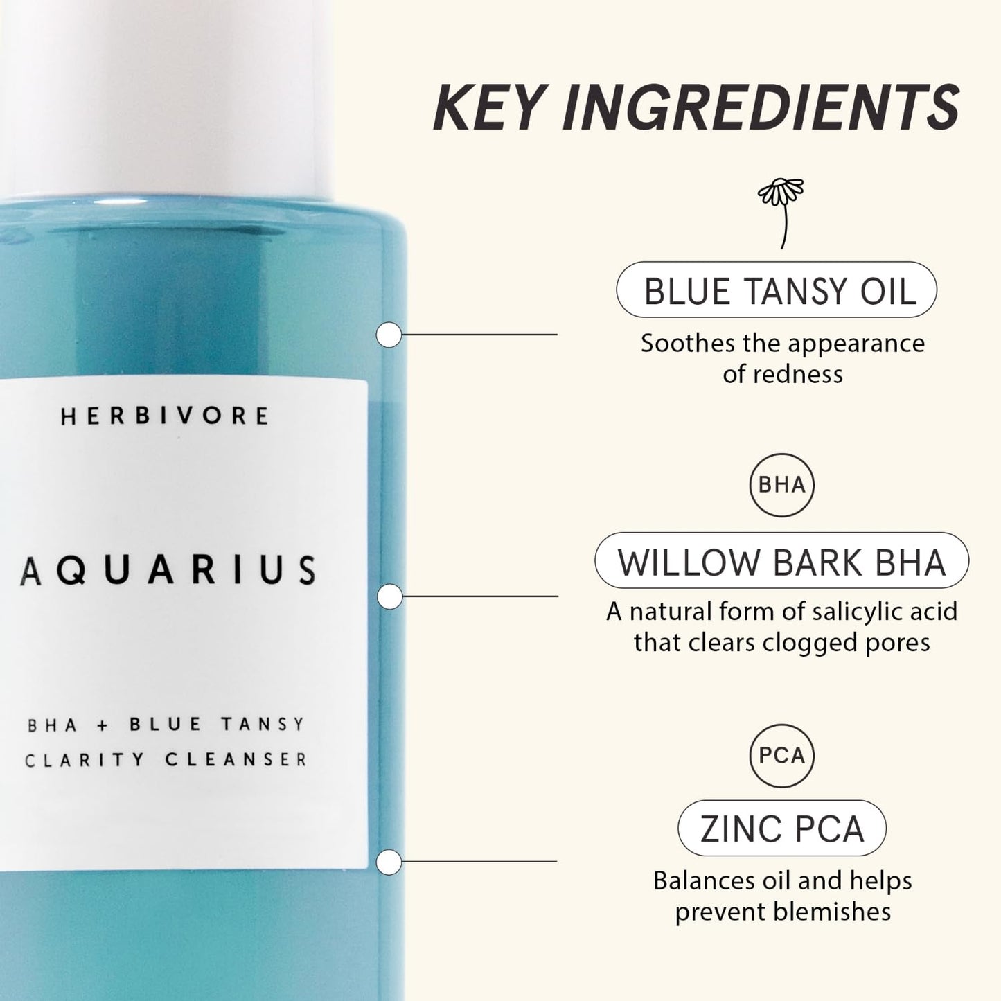 HERBIVORE Aquarius BHA + Blue Tansy Clarity Cleanser | Deep Cleansing Face Wash with Gentle Exfoliation for Oily-Combination Skin, Vegan, 100 mL / 3.3 Beauty & Personal Care HERBIVORE