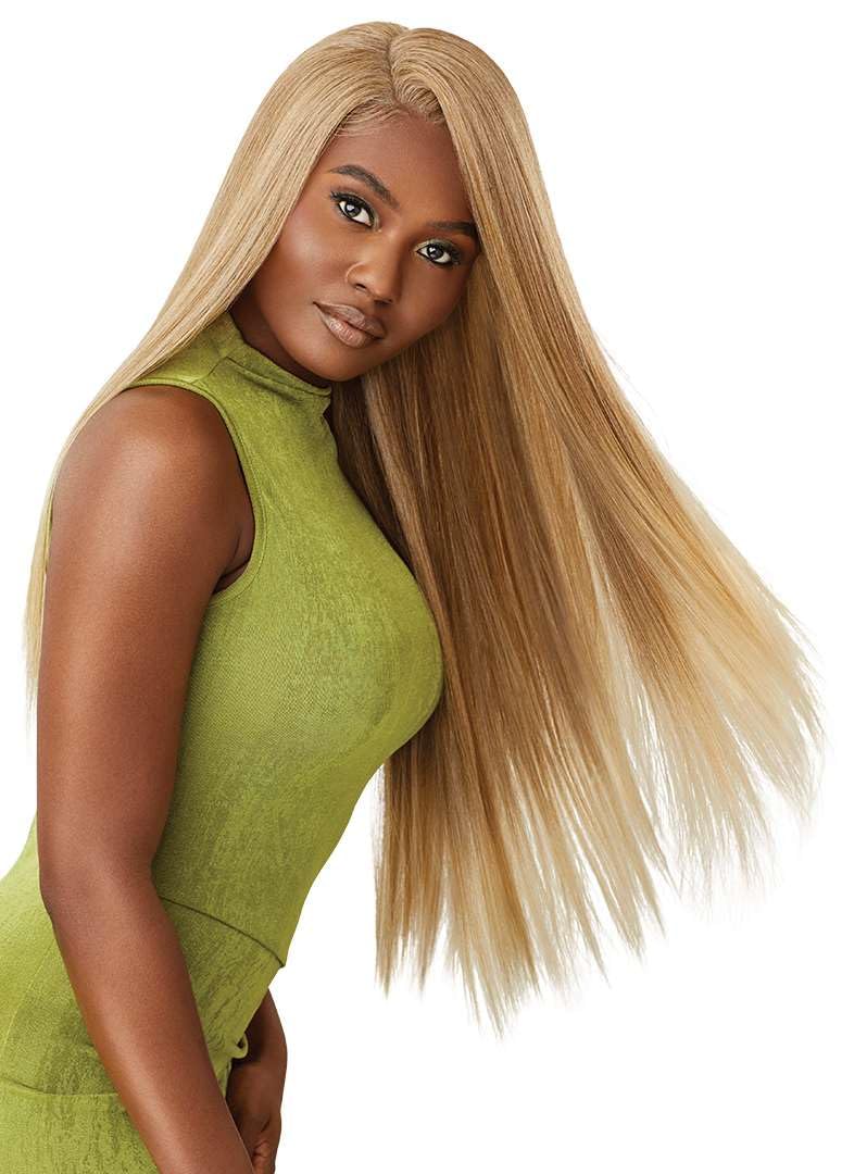 Outre 6X5 Pre-Cut Lace Closure Wig - Human Hair Blend - Sleek Yaki 30" (DARK BROWN 2)