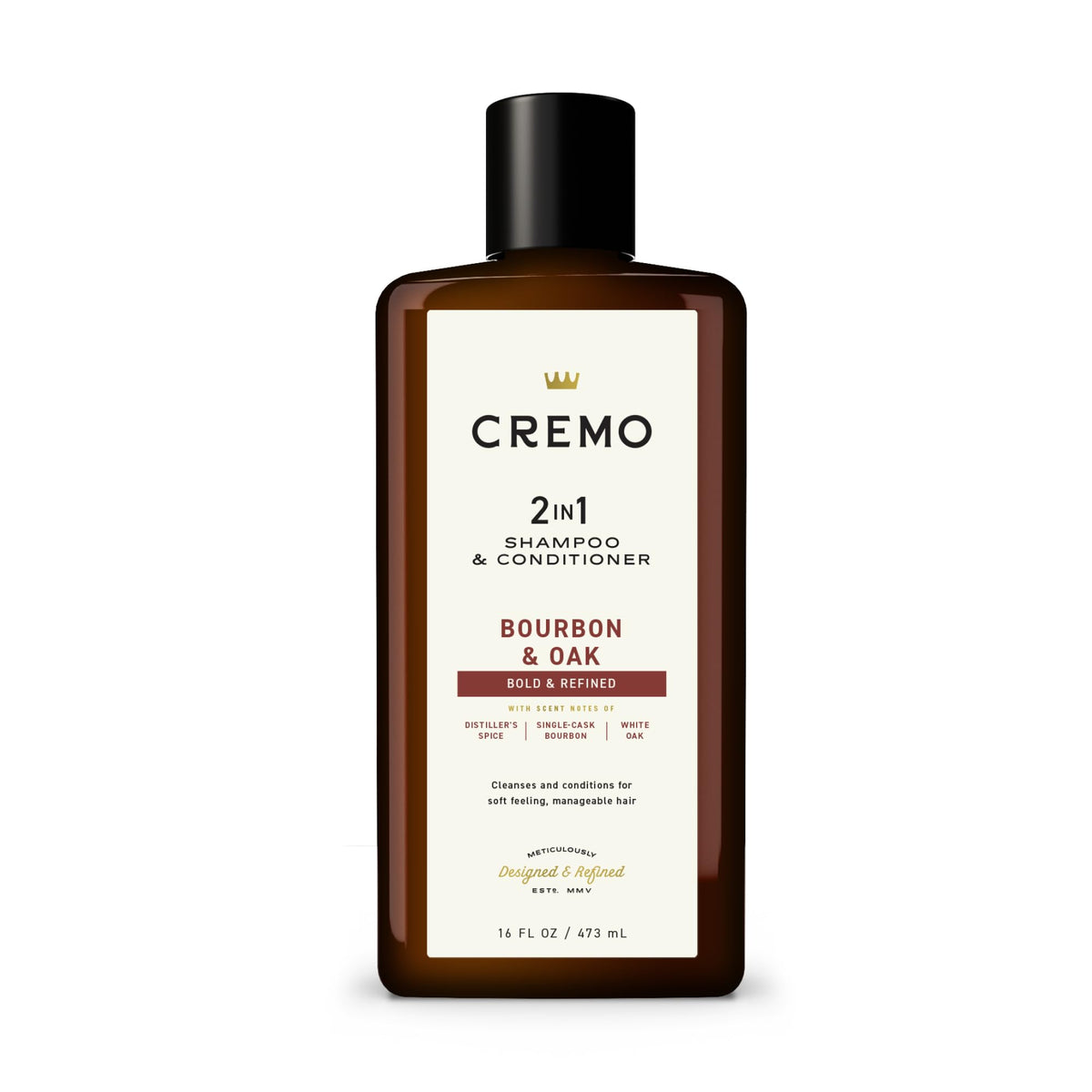 Cremo Bourbon & Oak Barber Grade 2-in-1 Shampoo & Conditioner, 16 Fl Oz (2-Pack) - A Sophisticated Blend of Distiller’s Spice, Fine Bourbon and White