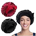 WUBAYI 2PCS Satin Sleep Cap, Silk Bonnet Hair Wrap for Sleeping, Hair Bonnet for Bath, Tie Band for Women Long Curly Braid Hair (Black, Red) Beauty & Personal Care WUBAYI