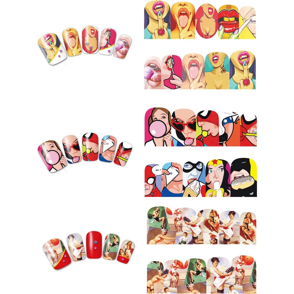 Towenm 12 Sheets Nail Art Stickers Water Transfer Nail Decals for Nail Art, Trendy Marvel Nail Wraps, Sexy Lip Pop Star Nail Decals, Manicure Nail Beauty & Personal Care Towenm