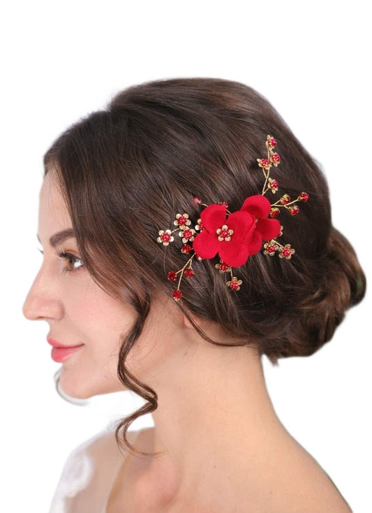 Sither Red Hair Clip for Bridal Floral Hair Comb for Women Wedding Hair Accessories for Bride Hair Clip Headpiece for Wedding Party Prom Gift Beauty & Personal Care Sither