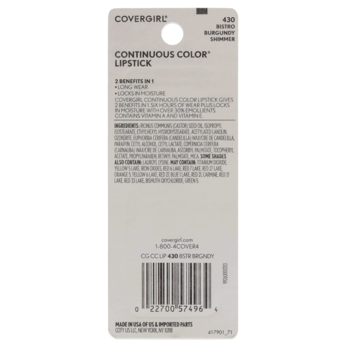 CoverGirl Continuous Color Lipstick - 430 Bistro Burgundy Lipstick Women 0.13 oz Beauty & Personal Care COVERGIRL