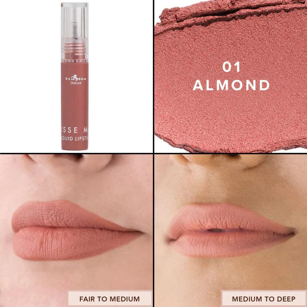 Italia Deluxe Pick 1 Mousse Matte Liquid Lipstick Comfortable Velvet Finish & Zipper Bag (190-01 : ALMOND, Full Size) Beauty & Personal Care Italia Deluxe