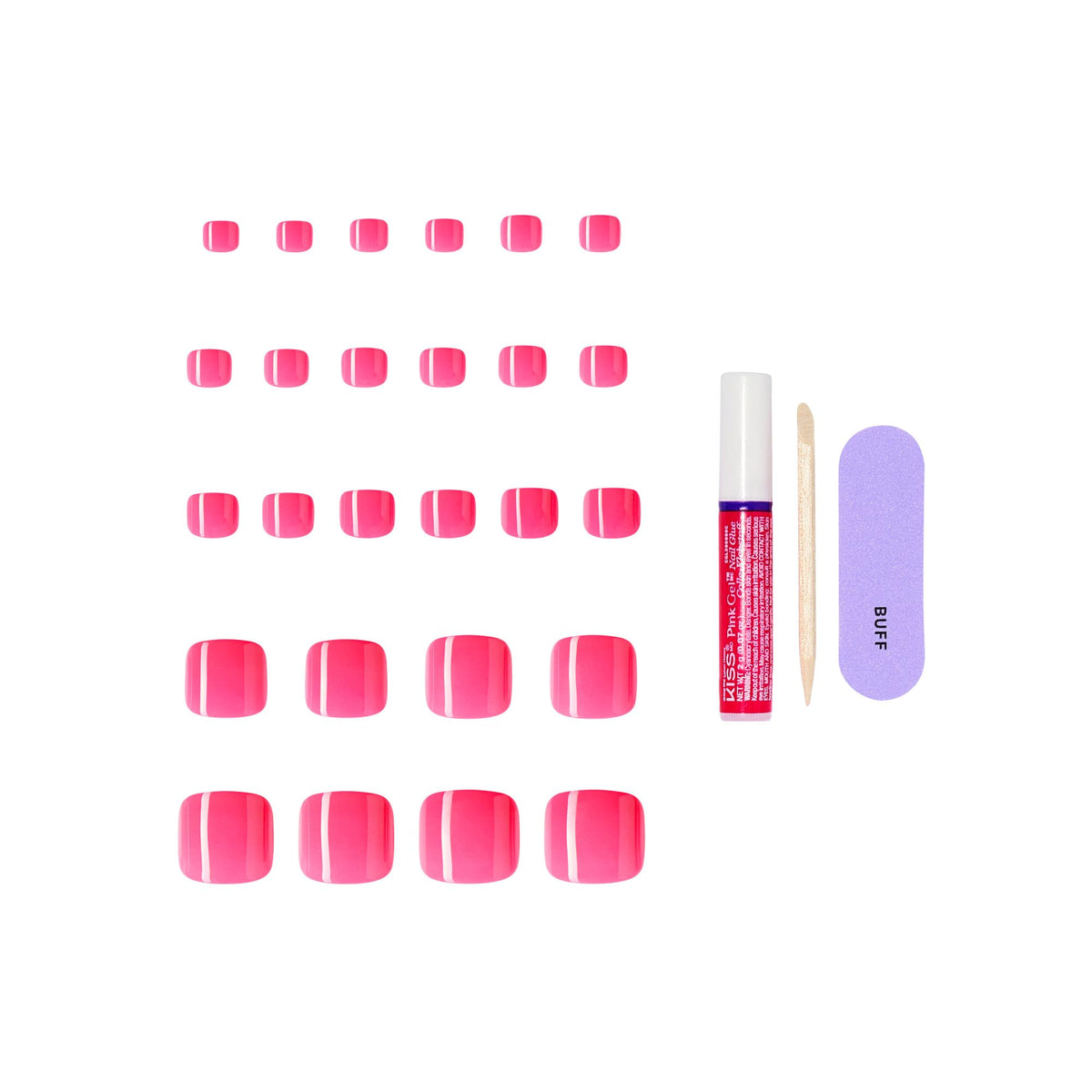 Kiss Core, Press On Nails, Nail glue included, 'Step It Up', Pink, Short Size, Squoval Shape, Includes 26 Toenails, 2g Glue, 1 Manicure Stick, 1 Mini