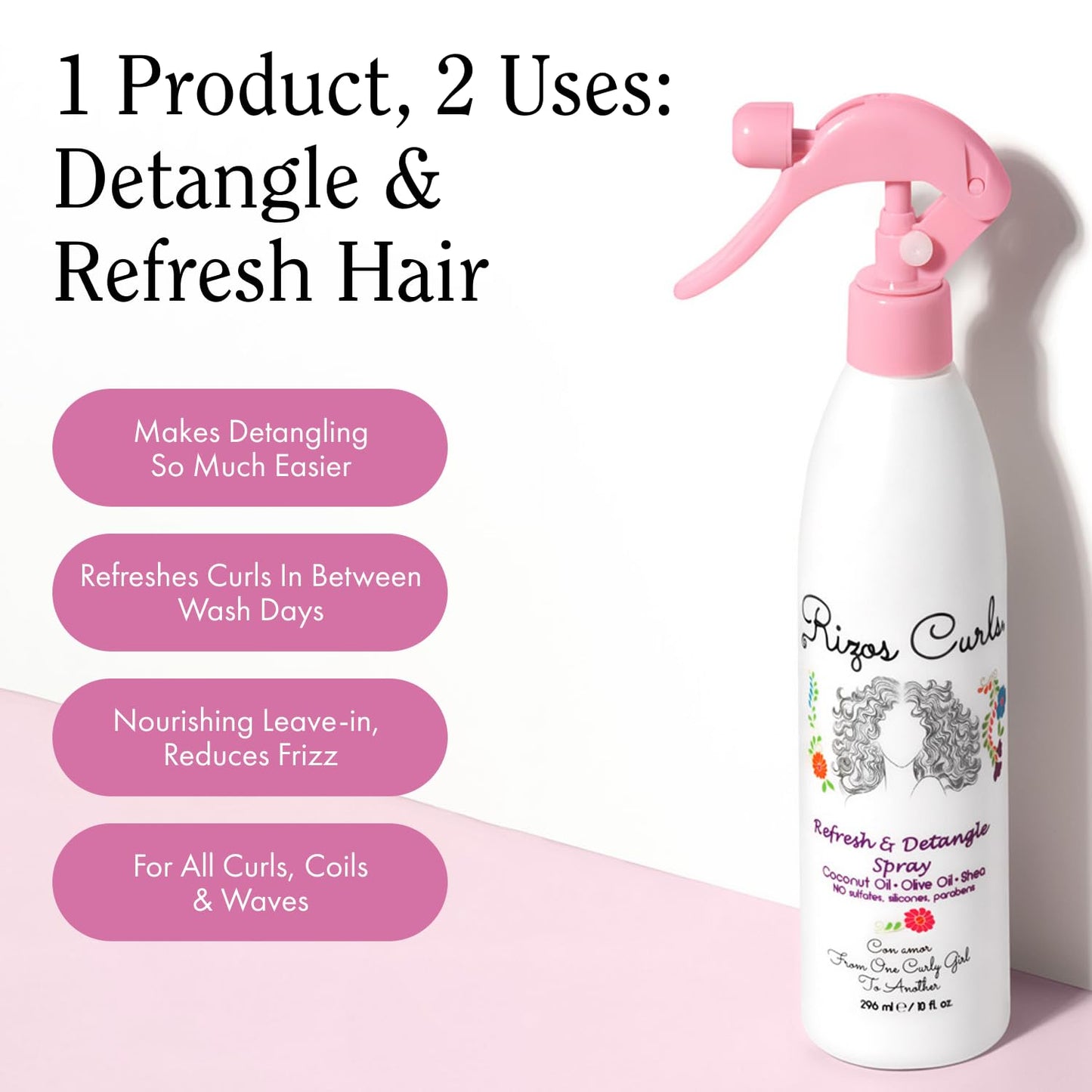 Rizos Curls Refresh & Detangle Spray - Detangling & Curl Leave-In with Coconut Oil - Nourishes, Hydrates & Controls Frizz for Every Curl Pattern Beauty & Personal Care Rizos Curls