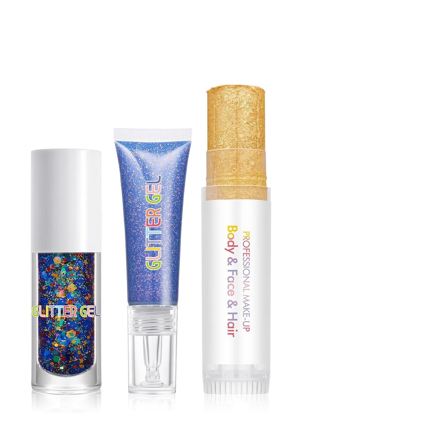 3Pcs Glitter Gel Set - Face & Body Chunky Sparkle Gel with Shimmer Highlighter Stick | Glitter Jelly for Eye, Festival Makeup, Nails, Body Art (Set D) Beauty & Personal Care FindinBeauty