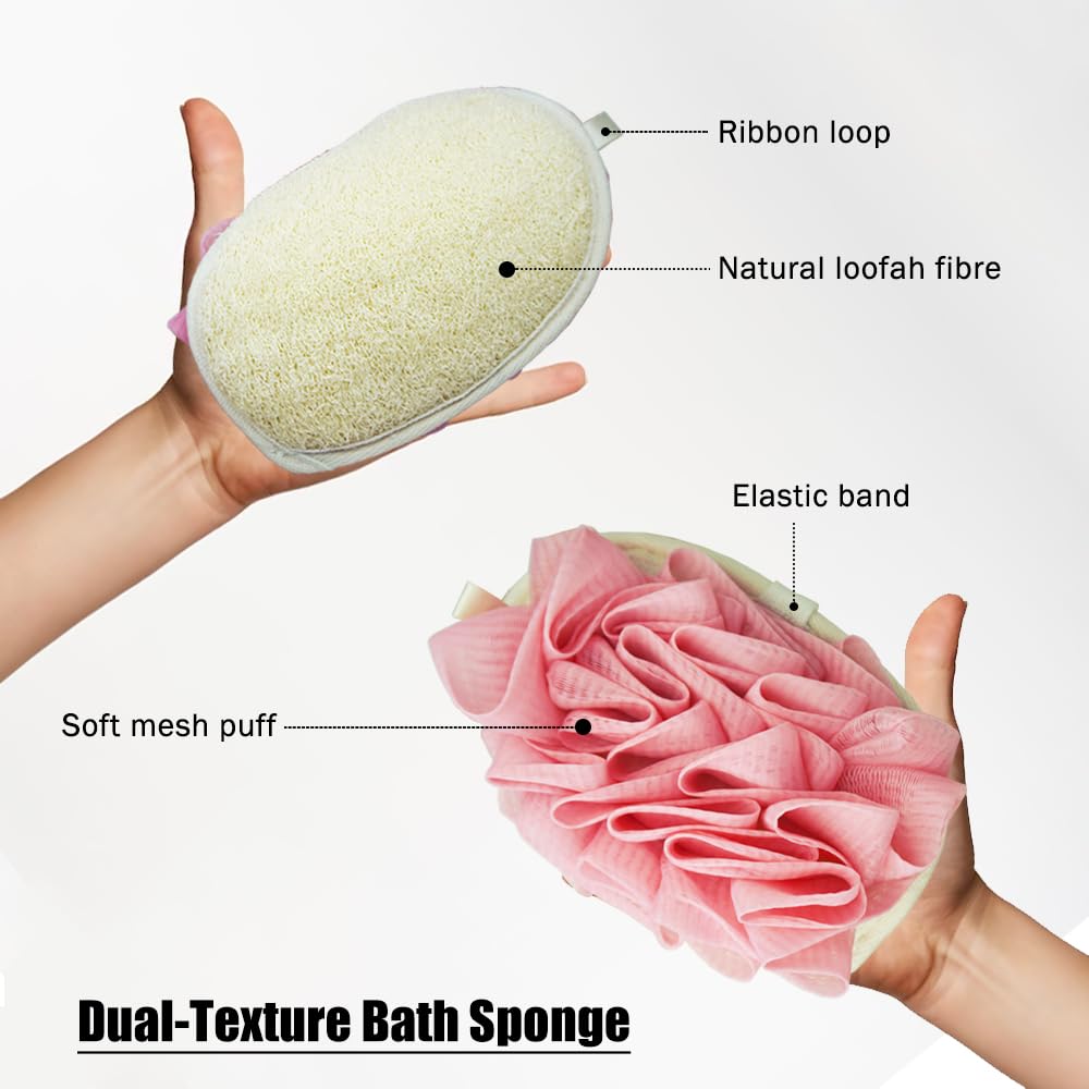 Double Sided Natural Loofah Exfoliating Body Scrubber and Mesh Pouf Bath Sponges for Shower Loofah Pad (2 Piece Set, White/Pink) Beauty and Personal Care VeridianLife