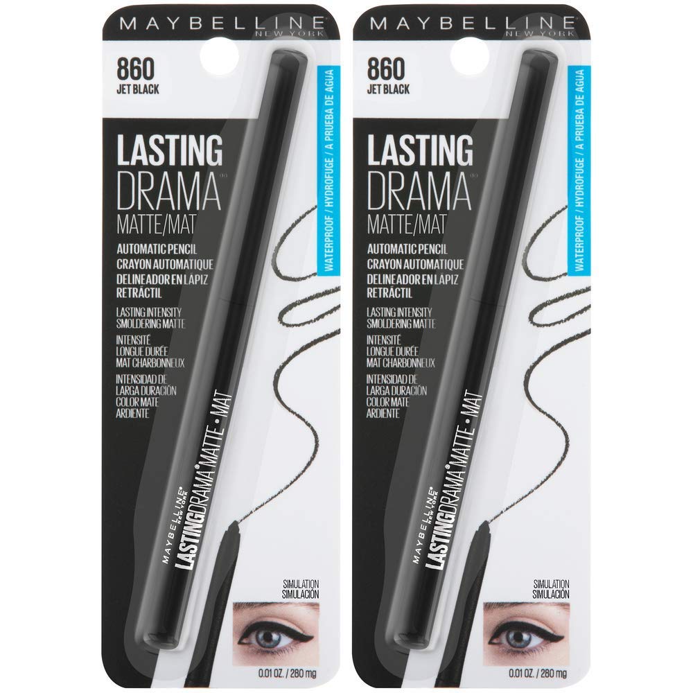 Maybelline Eyestudio Lasting Drama Waterproof Matte Gel Pencil Black Eyeliner Makeup, Jet Black, 2 Count Beauty & Personal Care MAYBELLINE