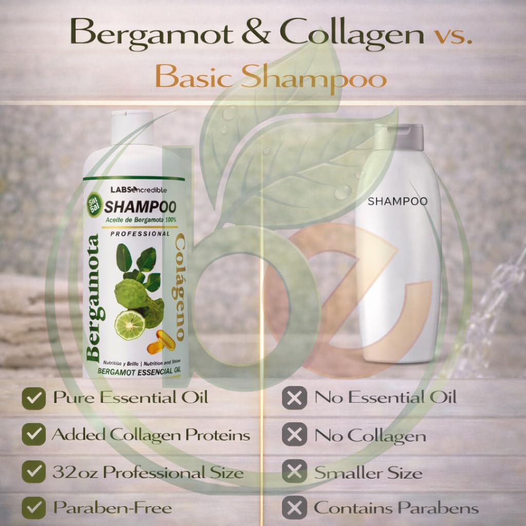 Bergamot + Collagen Shampoo - 950 ml - Salt-Free - Deep Cleansing & Frizz Control - Moisturizes, Conditions & Smooths - Professional Hair Care - Silky