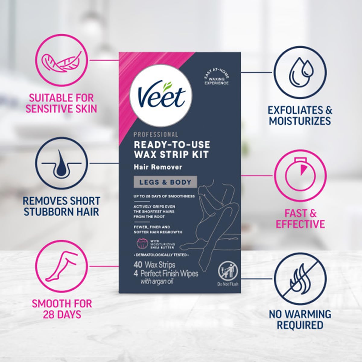 Veet Ready-to-Use Dermatologically Tested 40 Count Hair Remover Wax Strip Kit for Legs & Body (2 Pack) Beauty and Personal Care Veet