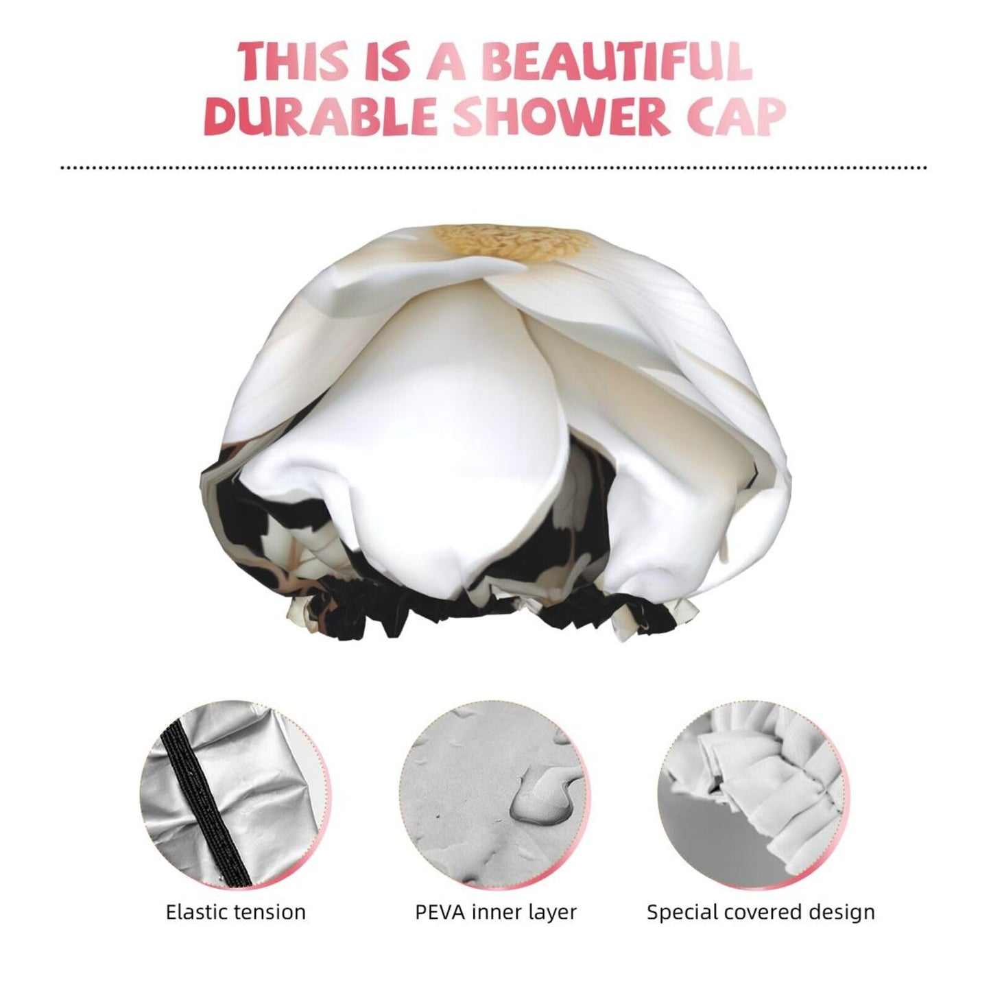 White Floral Shower Cap for Women Men Large Reusable Shower Bonnet Double-Layer Waterproof Bath Caps Elastic Band Hair Hat for All Hairstyles Beauty and Personal Care BWLHJKE