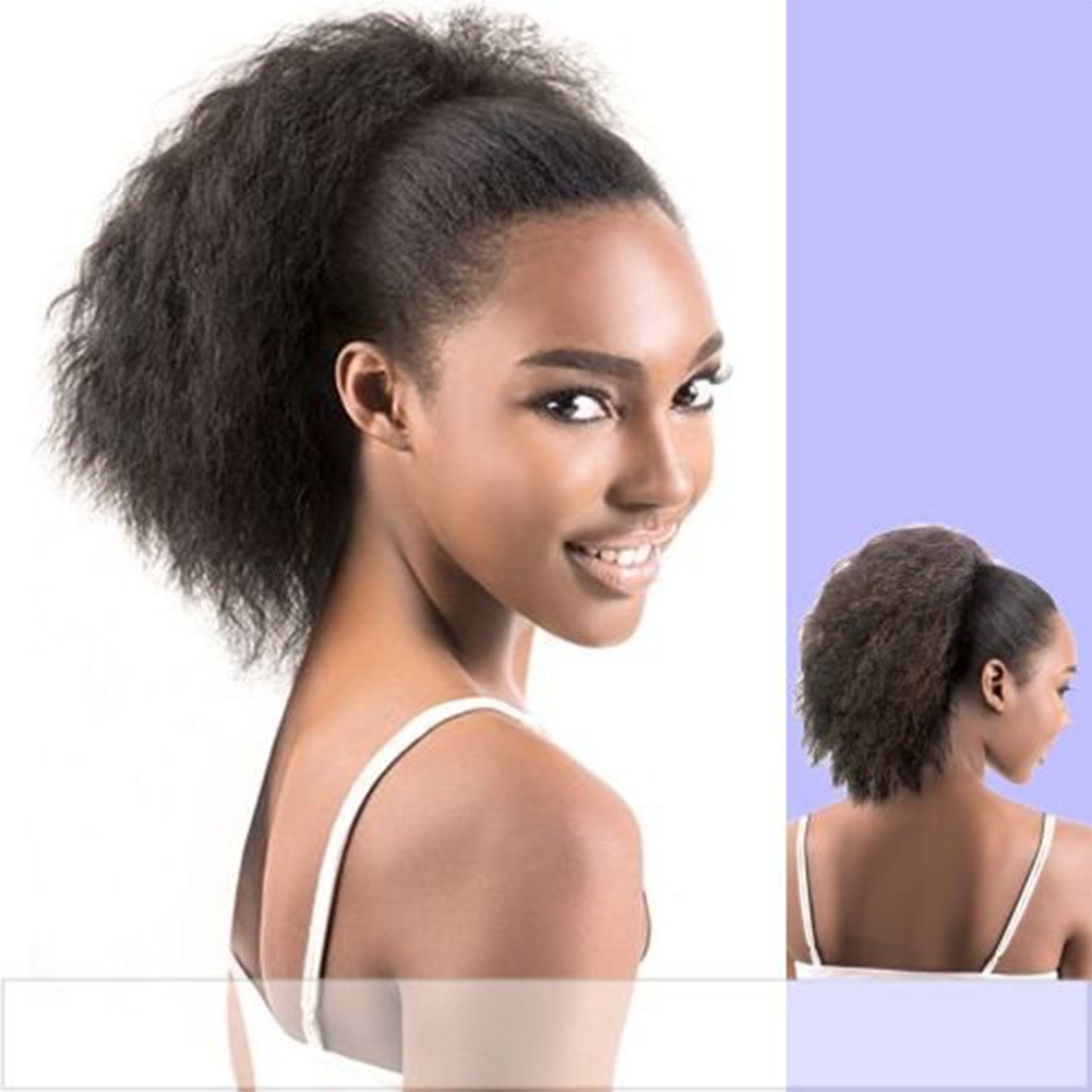 Wrap Drawstring Short Afro Kinky Straight Human Hair Puff Ponytail Extensions with Clips Coarse Yaki Straight Natural Curly Top Closure Clip Ins