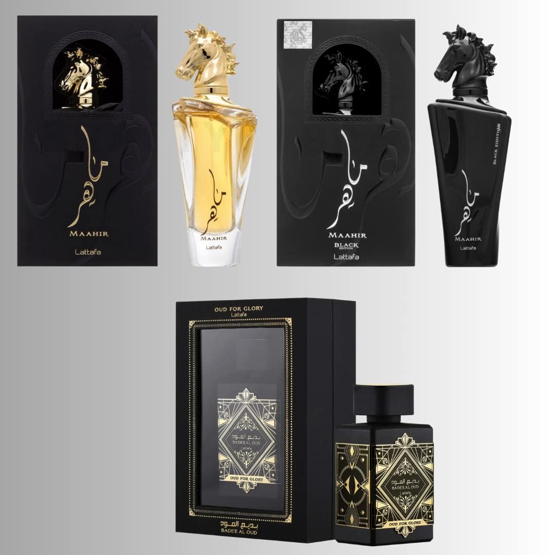 Lattafa for Unisex 3 Piece Eau de Parfum Gift Set (Bade'e Al Oud Oud for Glory + Maahir + Maahir Black Edition for Men) 3.4 Ounce/100 ml each Beauty & Personal Care Lattafa
