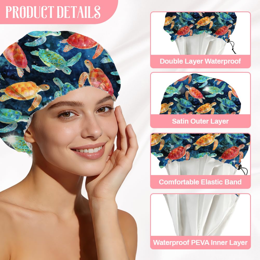 DELORIGIN Sea Turtle Reusable Shower Cap Ocean Double Layer Waterproof Shower Caps Large Elastic Hair Cover Adjustable Hair - Drying Caps for Woman Beauty and Personal Care DELORIGIN