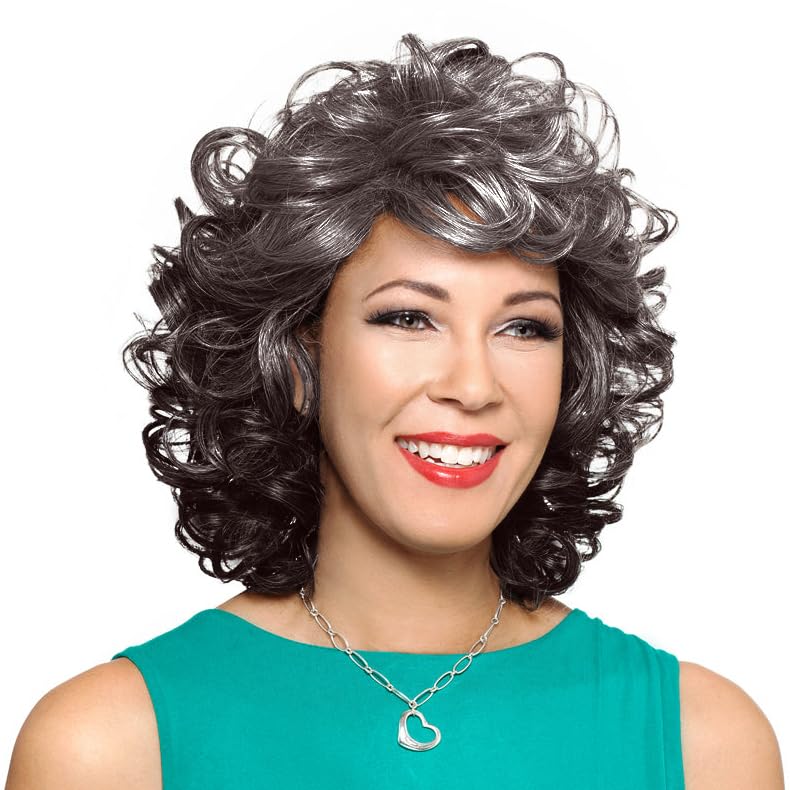 Helena adult wig Color 3T44 - Foxy Silver adult wigs Medium Length Bouncy Curls Synthetic Wispy Bangs African American Tousled Volume Maxwigs Hairloss