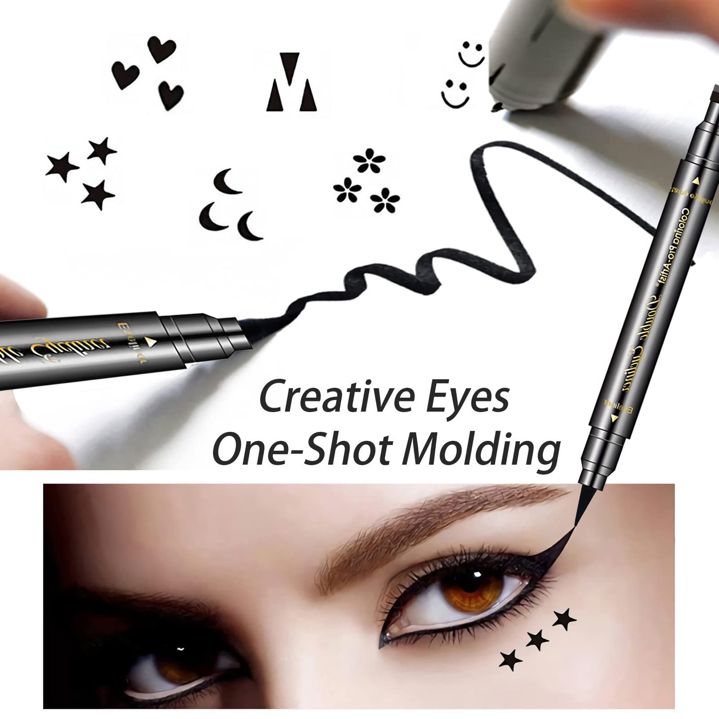 SUMEITANG 6 Pcs Double-headed Eyeliner Stamps Set Black Liquid Eye Liner Pen With Star,Moon,Heart,Flower,Smiley,Triangle Stamp Stencils Shapes Beauty & Personal Care SUMEITANG